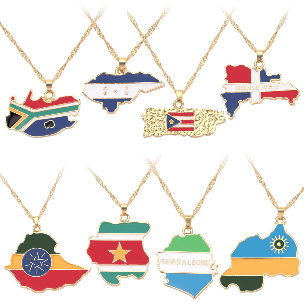 Hot Selling Country Flag Collar Necklace World Map Pendant Necklace Map Alloy Drop Necklace