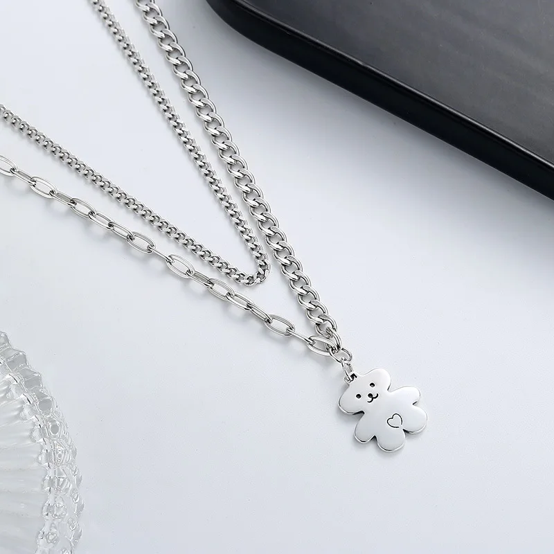 Wholesale Unique Design Fashion Silver Tone Jewelry Sterling Silver Two Layers S925 925 Sterling Silver Bear Pendant Necklace