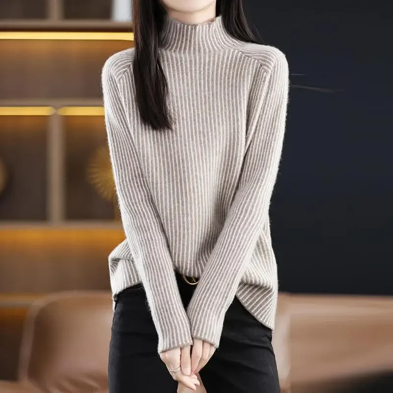 Popular New Product Contrast Color Striped Long Hair Cashmere Knitted Sweater Wool Turtleneck Pullover Custom Knit