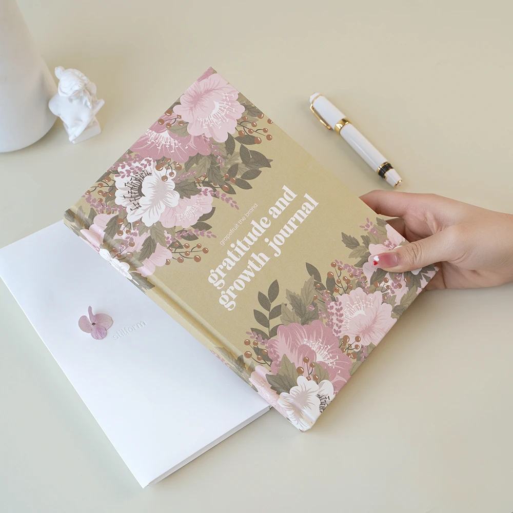 Custom Logo Planner A5 Pink Flowers Thermal Binding Diary Journal Gratitude And Growth Hardcover Notebook