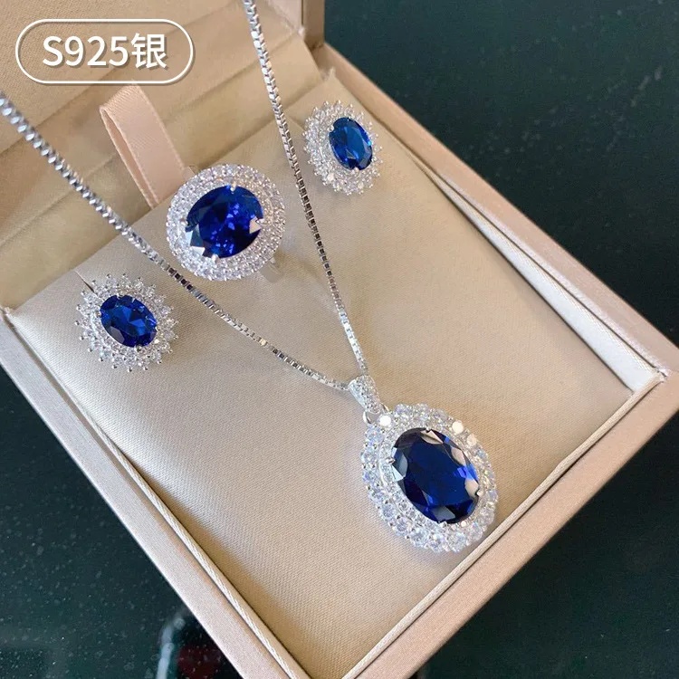 S925 серебряный комплект ювелирных изделий Классический Танзанит Сапфир Dan кольцо серьги кулон набор