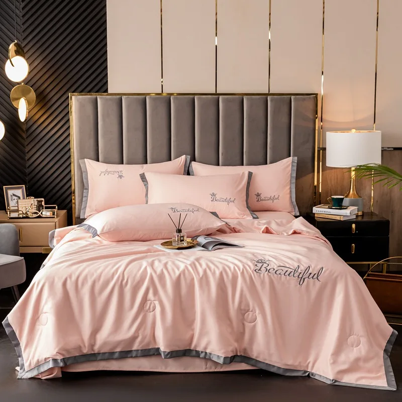 Washed silk fabric Embroidery design summer cool quilt four piece set