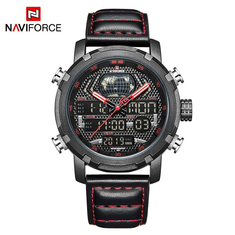 Naviforce 9160 роскошные Цифровые Аналоговые спортивные наручные часы с ремешком из натуральной кожи мужские