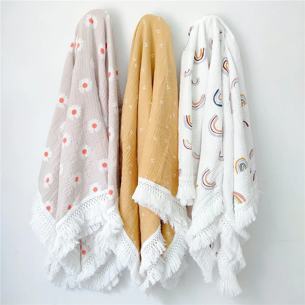 Baby Mulisn Blanket with Tassels Soft 100% Cotton Unisex Swaddle Wrap Silky Neutral Receiving Blankets