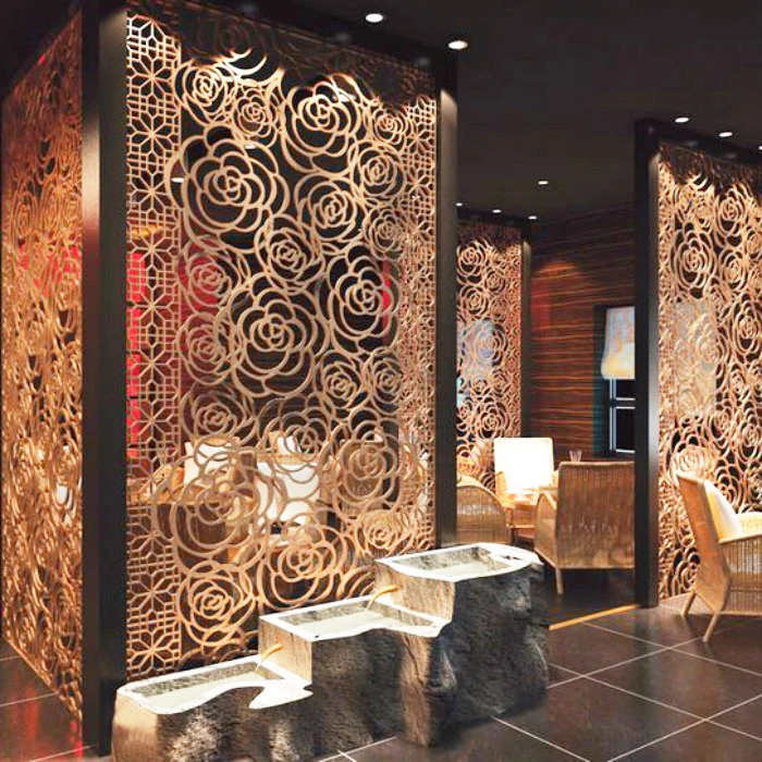 Gold Flower Pattern Partition Wall For Living Room Stainless Steel Screen Laser Cut Metal Room Divider