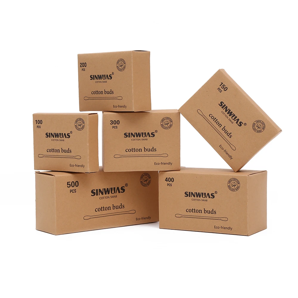 Professional made eco-friendly 100% cotton buds kraft paper box bamboo stick cotton swabs