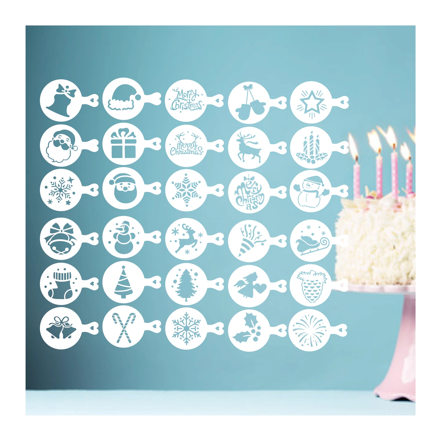 30pcs Plastic Custom Merry Christmas Cookie Drawing Coffee Art Stencil Set coffee decorating stencils