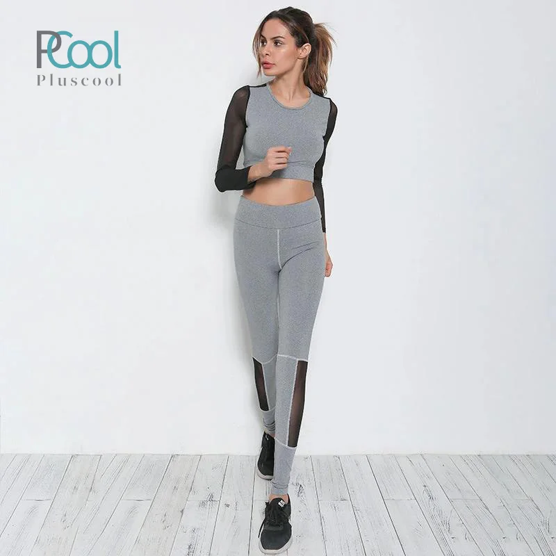 Women Sportswear Long Sleeve Shirt Mesh Crop Top Yoga Pants 2 Piece Sweatsuit Girl Gym Set