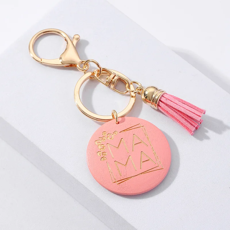 Wholesale Cheap Wood Chain Laser Logo Bag Accessories Custom Design Mother Day Gift Wooden Keychain Pink With Tassel