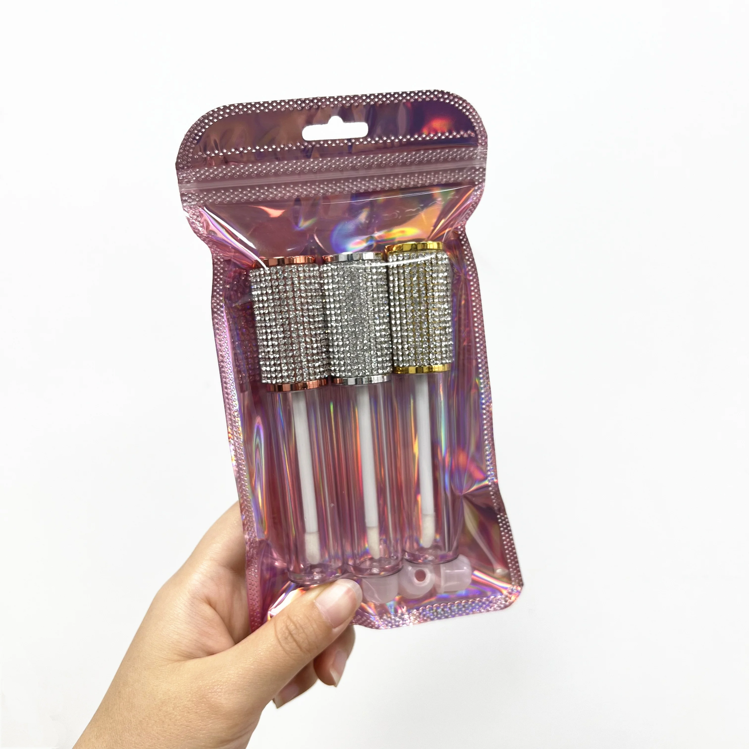 Custom logo empty luxury popular bling lipgloss cosmetic packaging glitter top lip gloss tubes with rhinestone