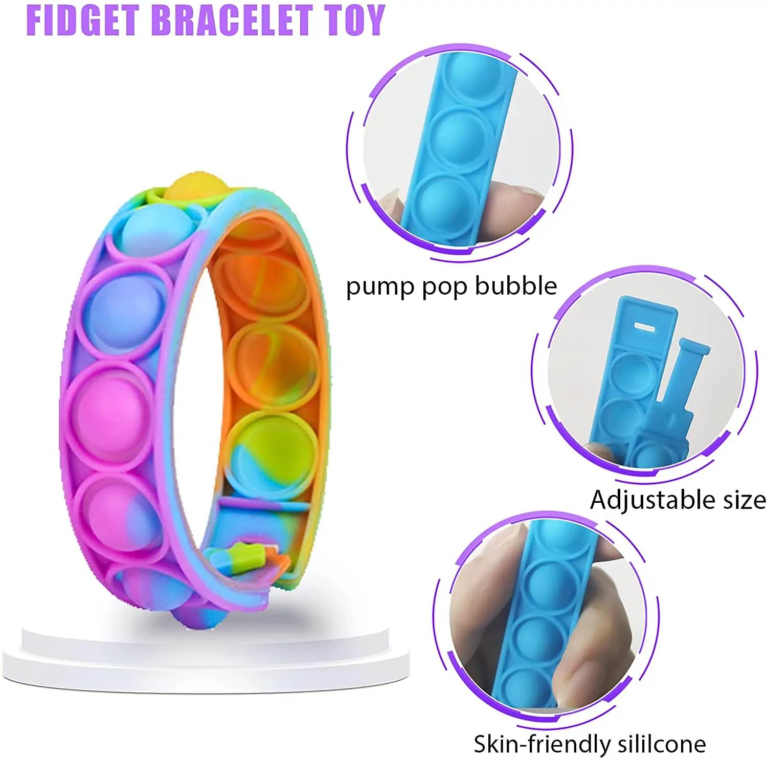 Adult Kids Stress Relief Wearable Silicone Pop Push Bubble Sensory Fidget Toy Wristband Push Fidget Bracelet Toys