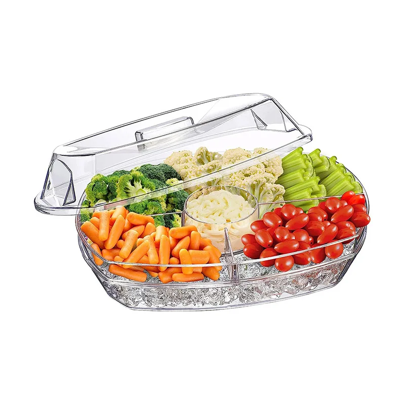 4 Compartment Transparent Lid Appetizers On Ice Tray With Lids Fruit Serving Trays Party Platters Ice Chilling Fruit Tray