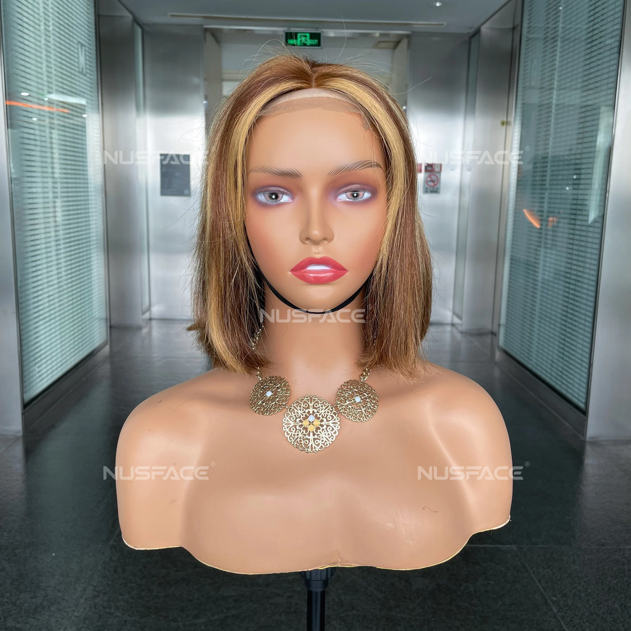 highlight 1b honey brown color straight bob human hair lace front wig,10inch highlighted piano bob wig