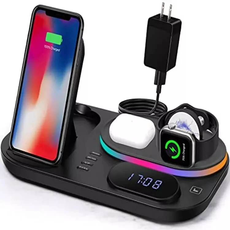 New Arrival 2023 Trending Products Qi 15W Fast 5 in 1 One Foldable Wireless Charger with LED Digital Clock and Atmosphere Light