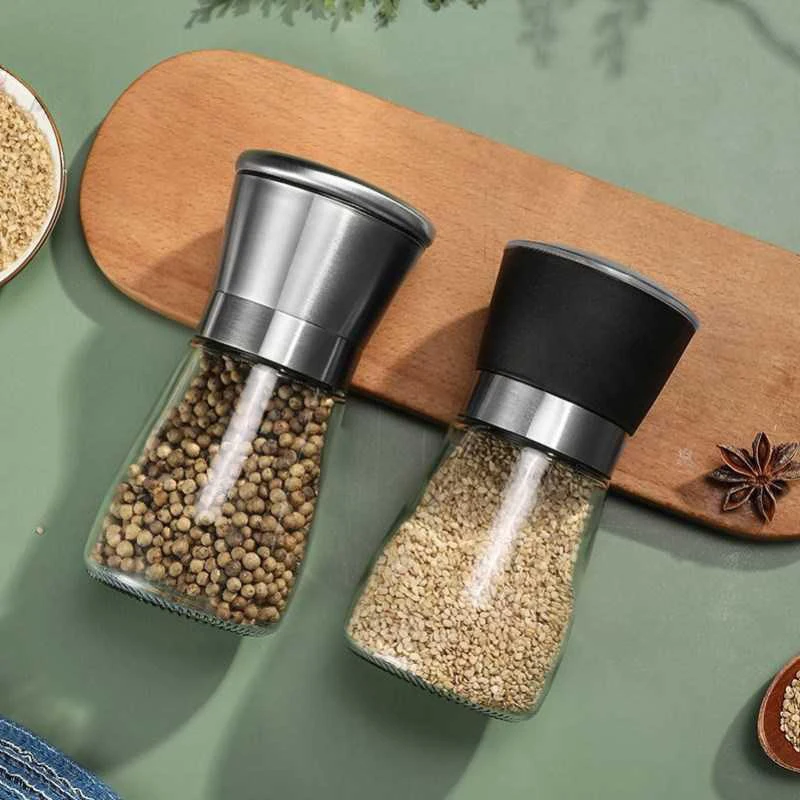 Amazon Wholesale  Adjustable Ceramic Core Bottle Stainless Steel Glass Salt Mill Chili Manual Pepper Grinder Mill Shakers Set
