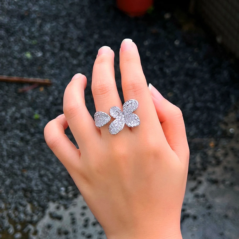 Adjustable Fashion Rose Gold Color Cubic Zirconia Flower Leaf Open Cuff Rings Women Korean Luxury Engagement Party Gift Jewelry