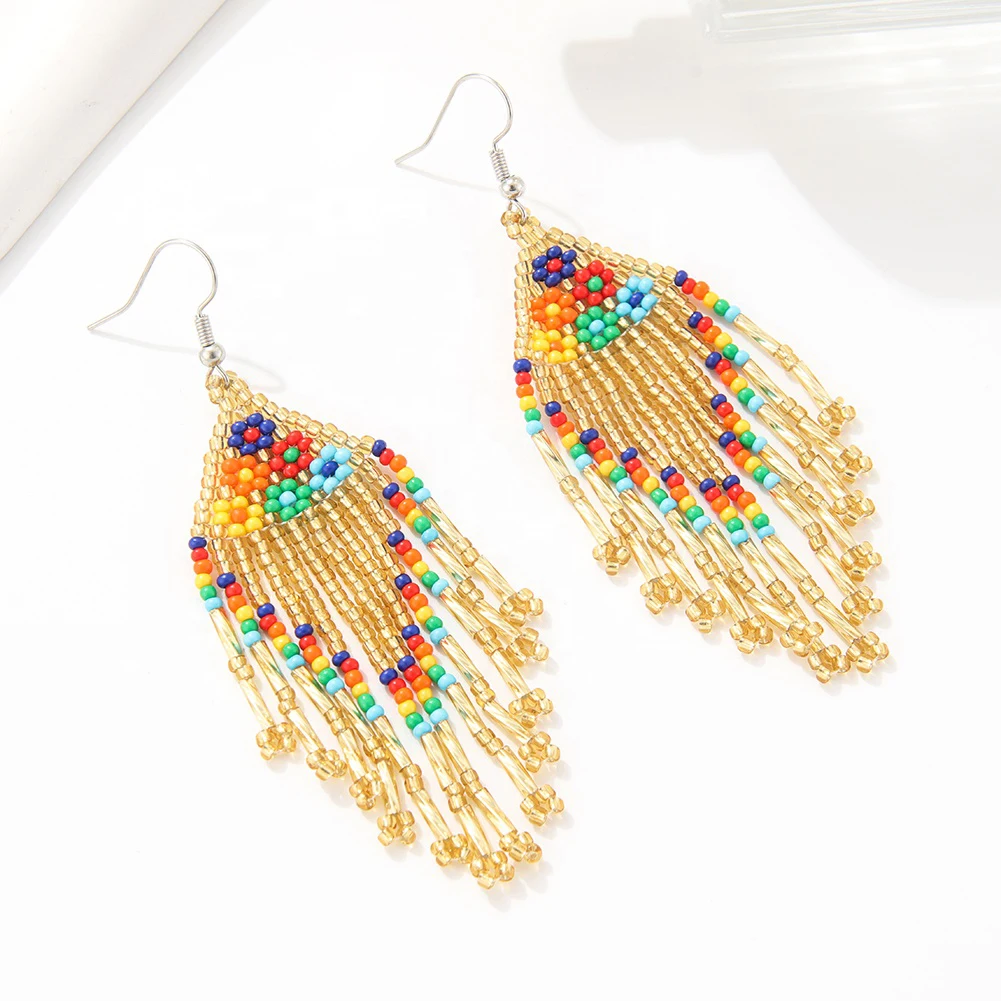2024 New Arrival Boho Jewelry Colorful Flowers Long Fringe Handmade Miyuki Beaded Earrings