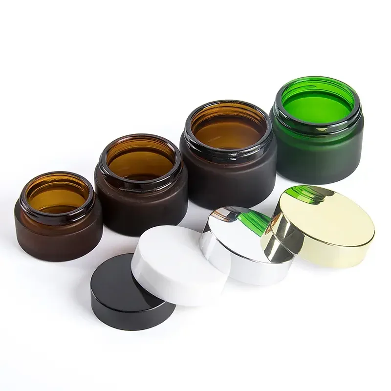Luxury Frosted Clear Amber Face Cream Packaging Glass Cosmetic Jar 30ml/g 50ml/g With Golden Lids