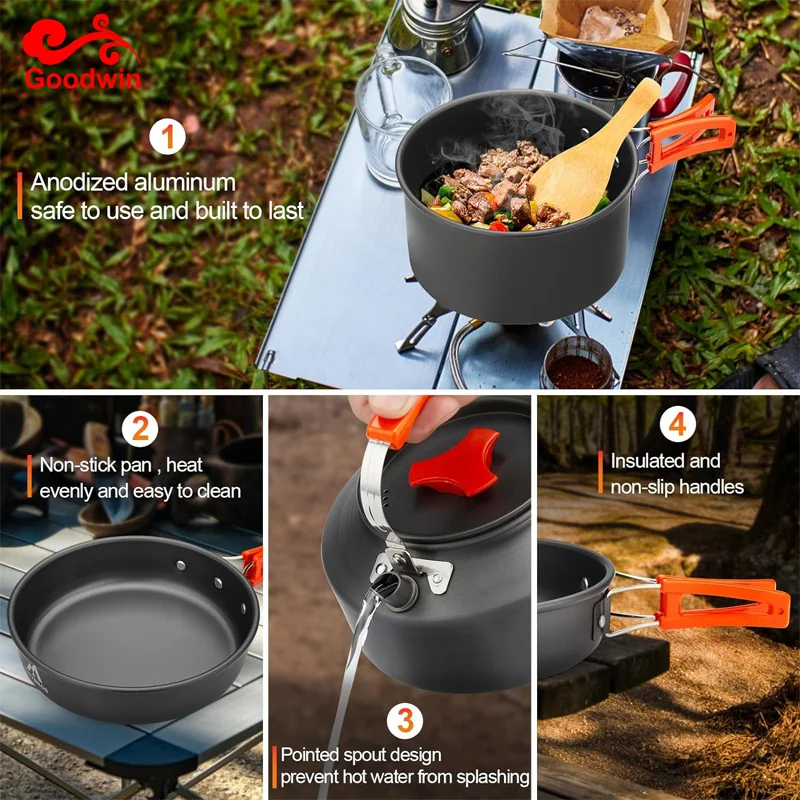 Camping Cookware Mess Kit with Folding Stove Lightweight Pot Pan Kettle Set with Plates Forks Knives Spoons
