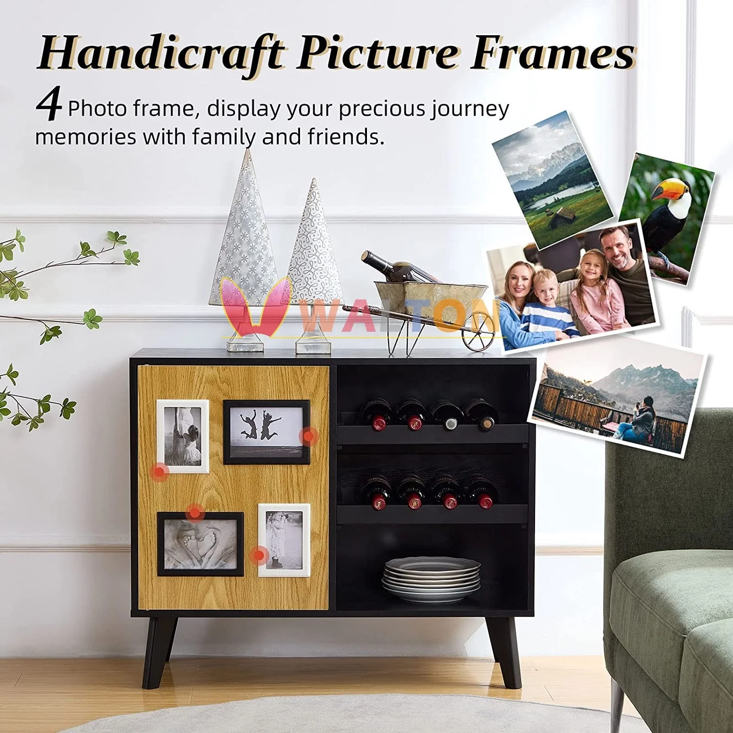 Buffet Cabinet Floor Standing Bar Cabinet Oak Lines Finish Sideboard Kitchen Cabinet Organizer Wine Rack