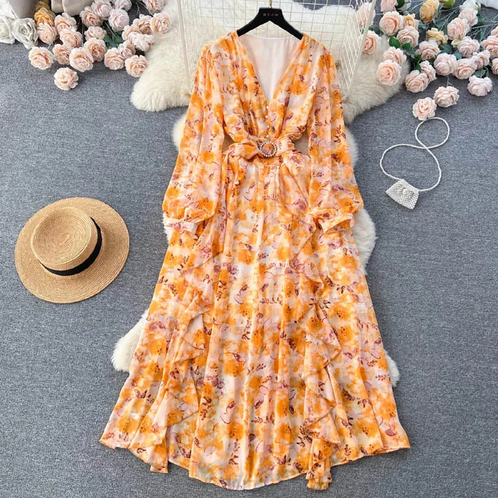 LY7408  New 2024 Korean Fashion Beautiful Floral Print V Neck Long Dress Sashes Slim Chiffon Muslim Dresses Clothing 5