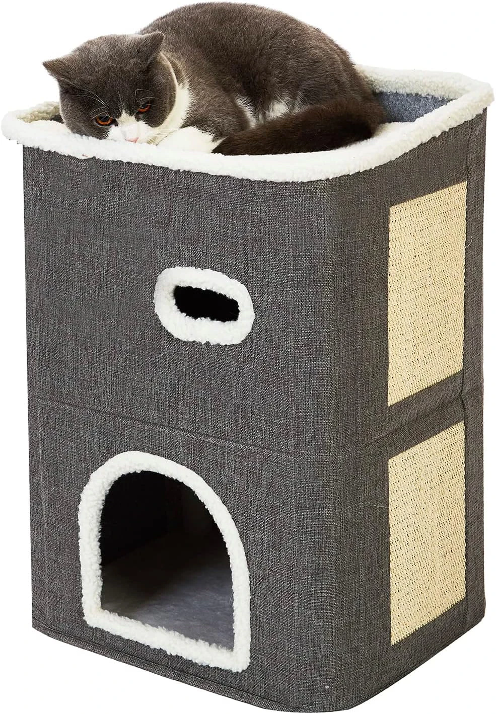 2-Storey Covered House Cat Beds & Furniture With Scratch Pad Hideaway Cave Cute Modern Condo For Multi Small Pet Large Kitten