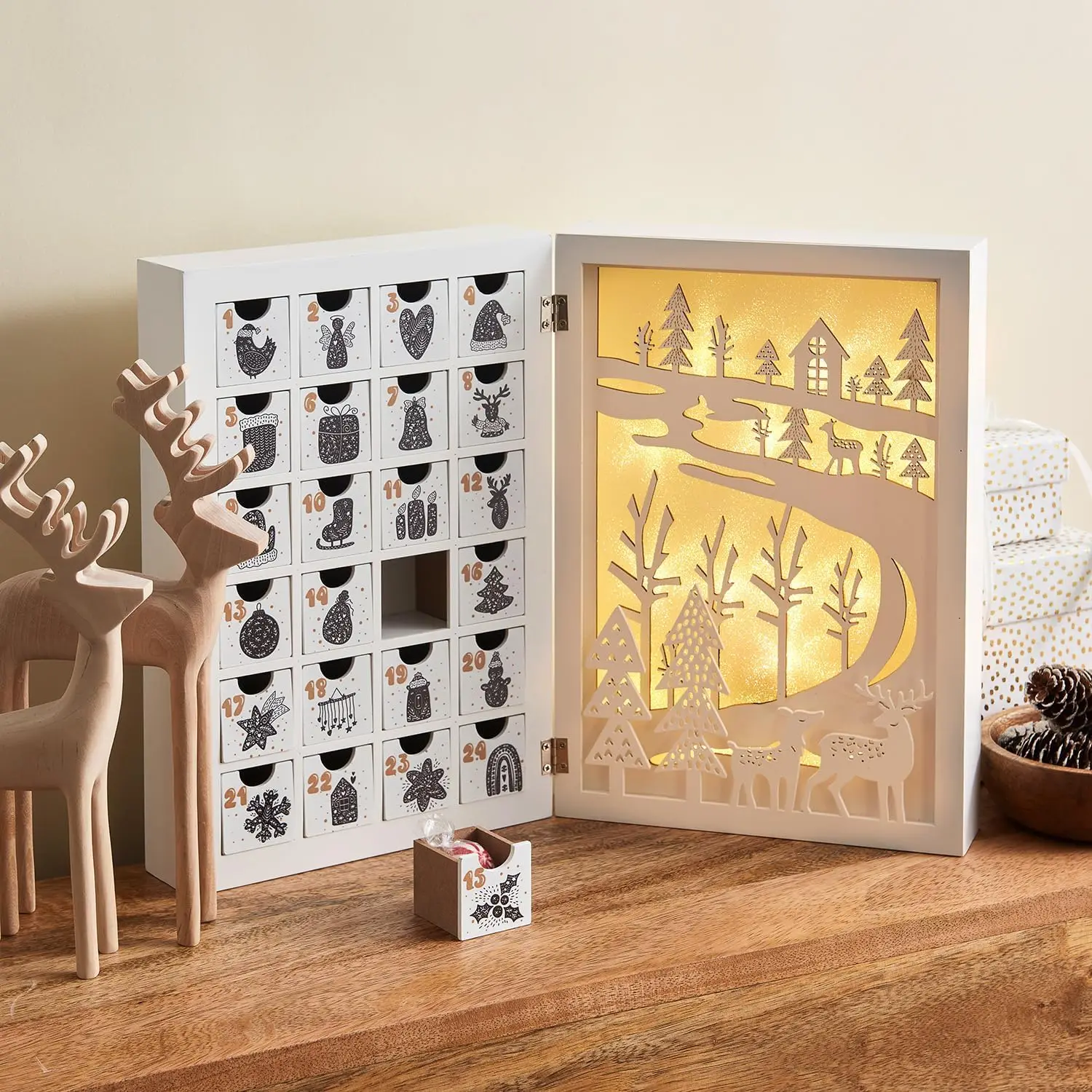 Wooden Advent Calendar with Drawers Reusable Advent Calendar with Lights Decorative Fold Out Wood Advent Calendar for Kids