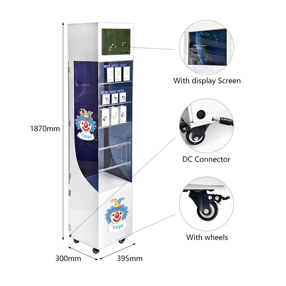 4 Wheels Floor Standing LED Lighting Smoke Display Stand UV Printing Customized Logo Lock Door with LCD Screen Cigarette Cabinet