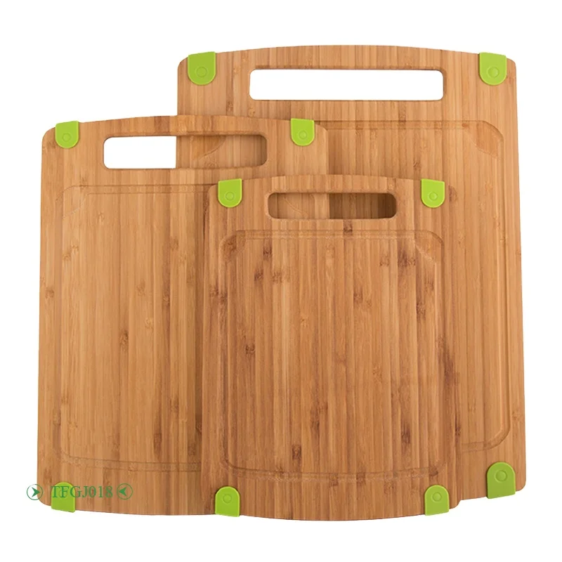 Green Silicone Rubber Feet Chopping Block 3 Piece Set All Natural Bamboo Wood Lightweight Cutting Board with Juice Groove