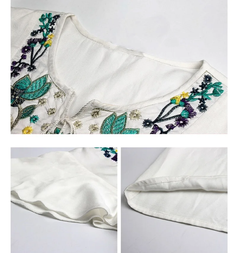 OEM customization vacation T-shirt Embroidered sexy cotton linen top Vintage 70s Ethnic Floral Embroidered Boho Hippie Blouses