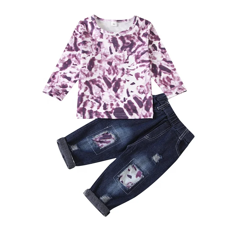 Hot Selling Girls Cartoon Printing Halloween Children Hole Jeans Two Piece Kids Clothes Set