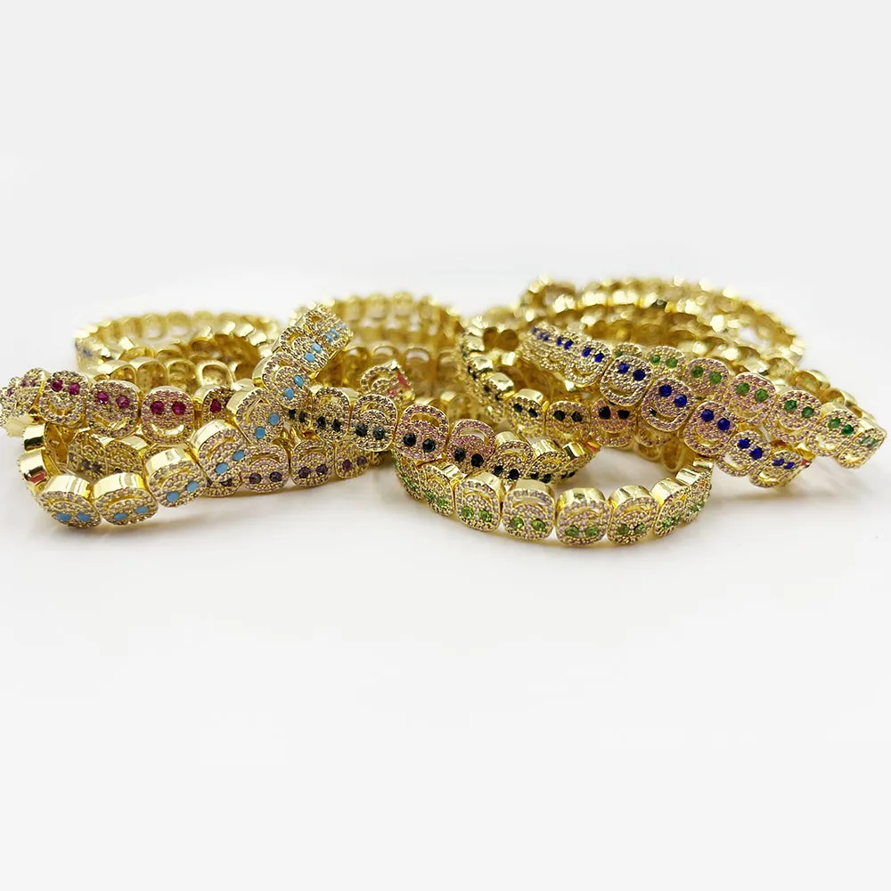 18k Gold Plated CZ Friendship Happy Smily Face Rhinestone Bracelet with Blue Green Red Pink Black Eyes
