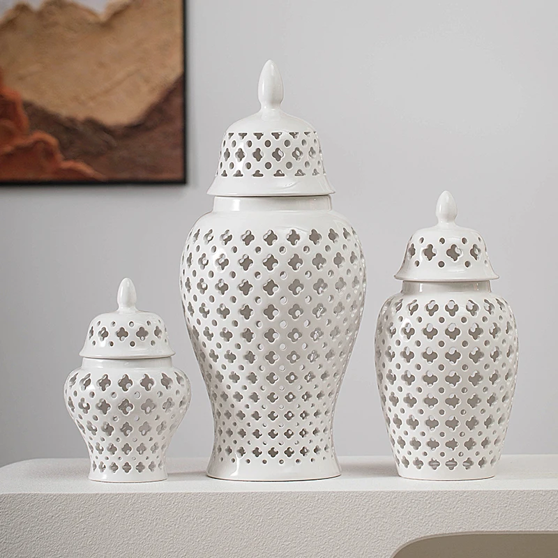 Wholesale Custom Hollow Out Vases with Lid Home Decorative Floor Ceramic Ginger Jar Vase  for Flower
