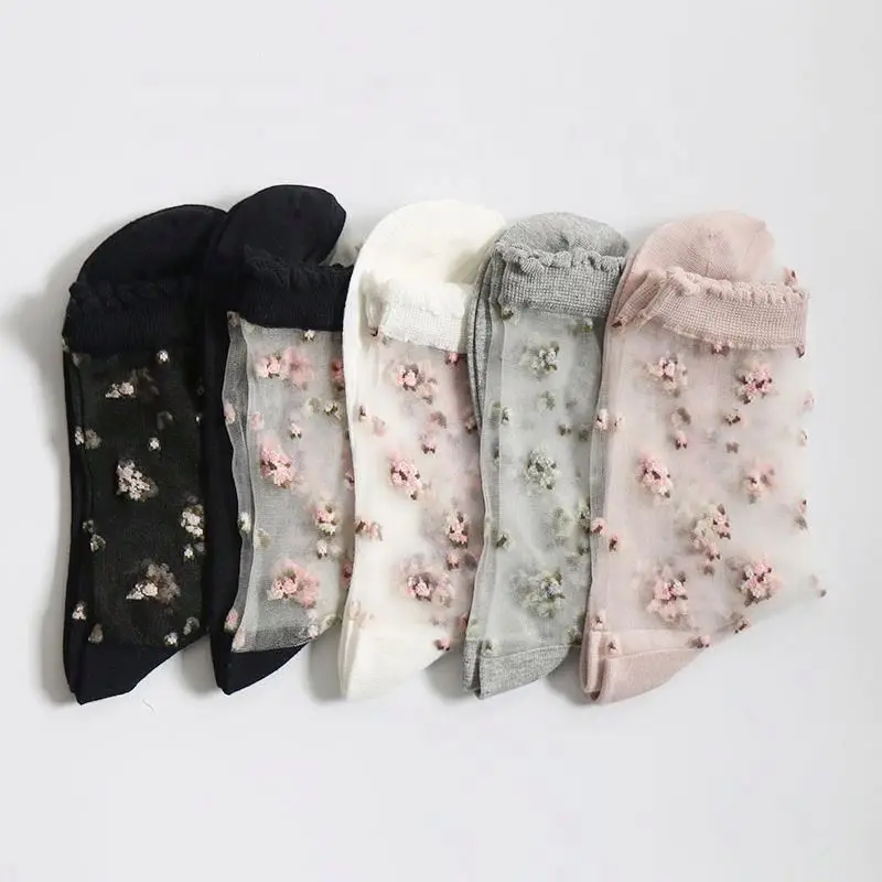 BD-S242 Summer Beautiful Thin Breathable Crystal Silk Flower Fashion Transparent Sock For Women
