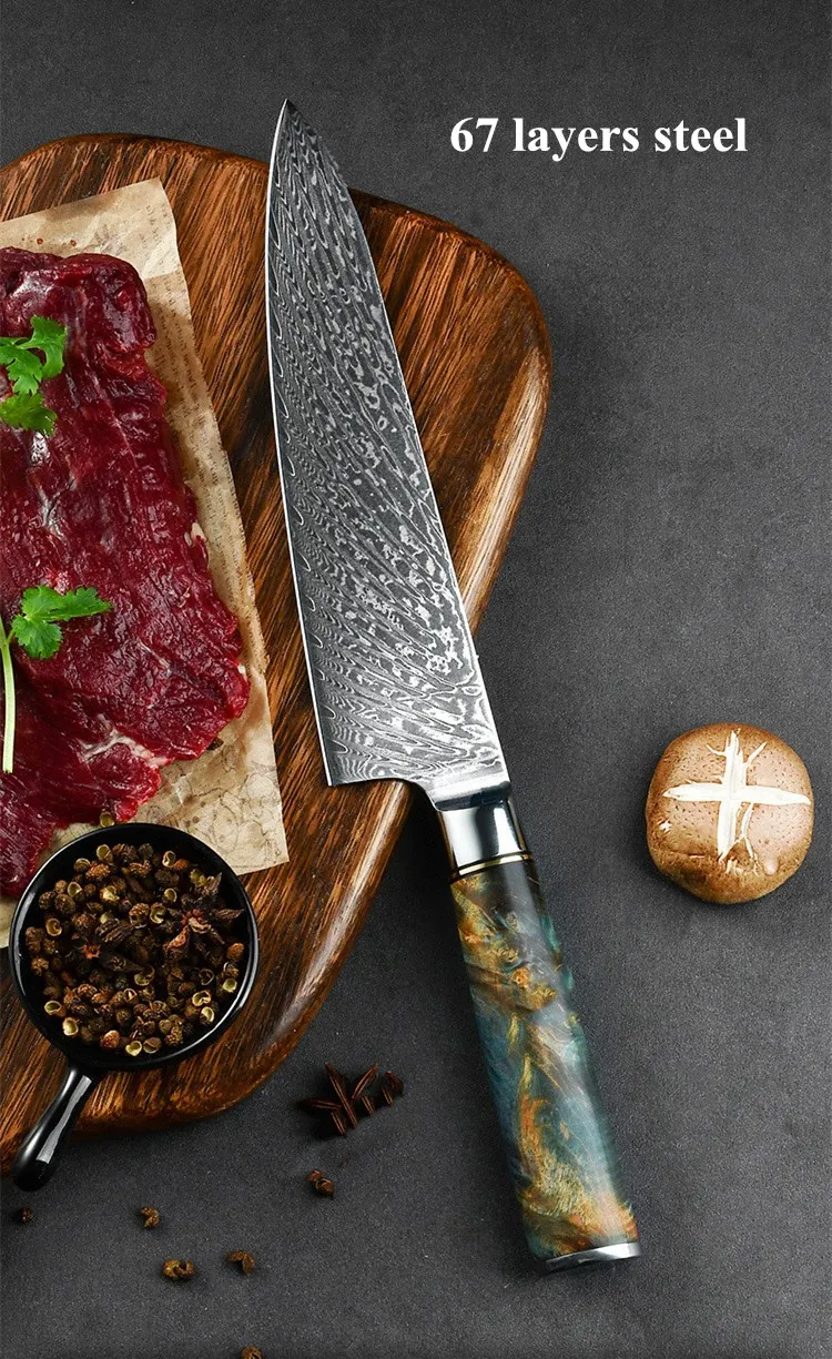 2021 New arrivals damascus steel blade 8 inch chef knife ultra sharp household slicing knife kitchen meat cutting knife