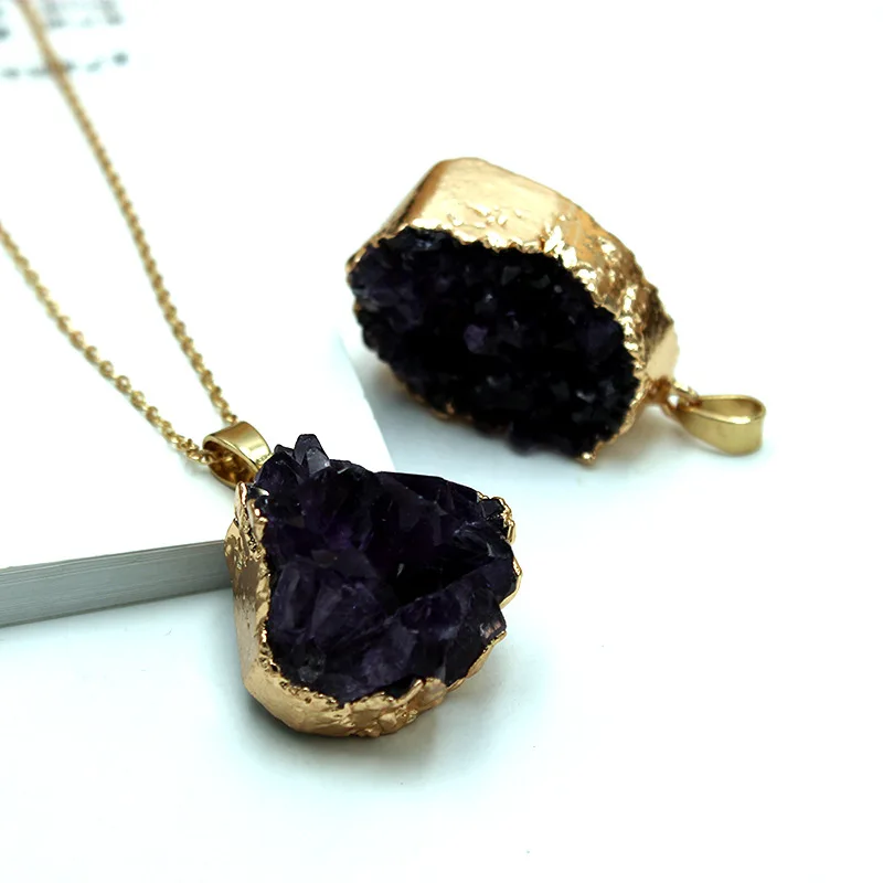 Raw Freeform Amethyst Druzy Irregular Stone Jewelry Pendant Dark Amethyst Quartz Crystal Tooth Plated Gilt Necklace Gold Pendant
