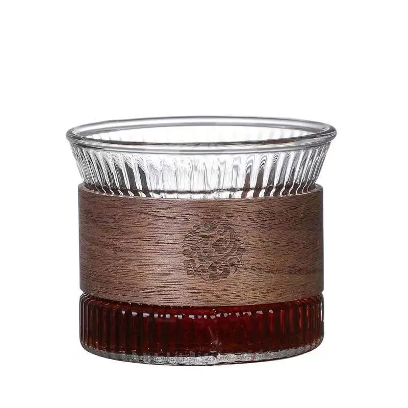 150ml hand-blown striped glass small cup wooden ring buckle anti-hot hand