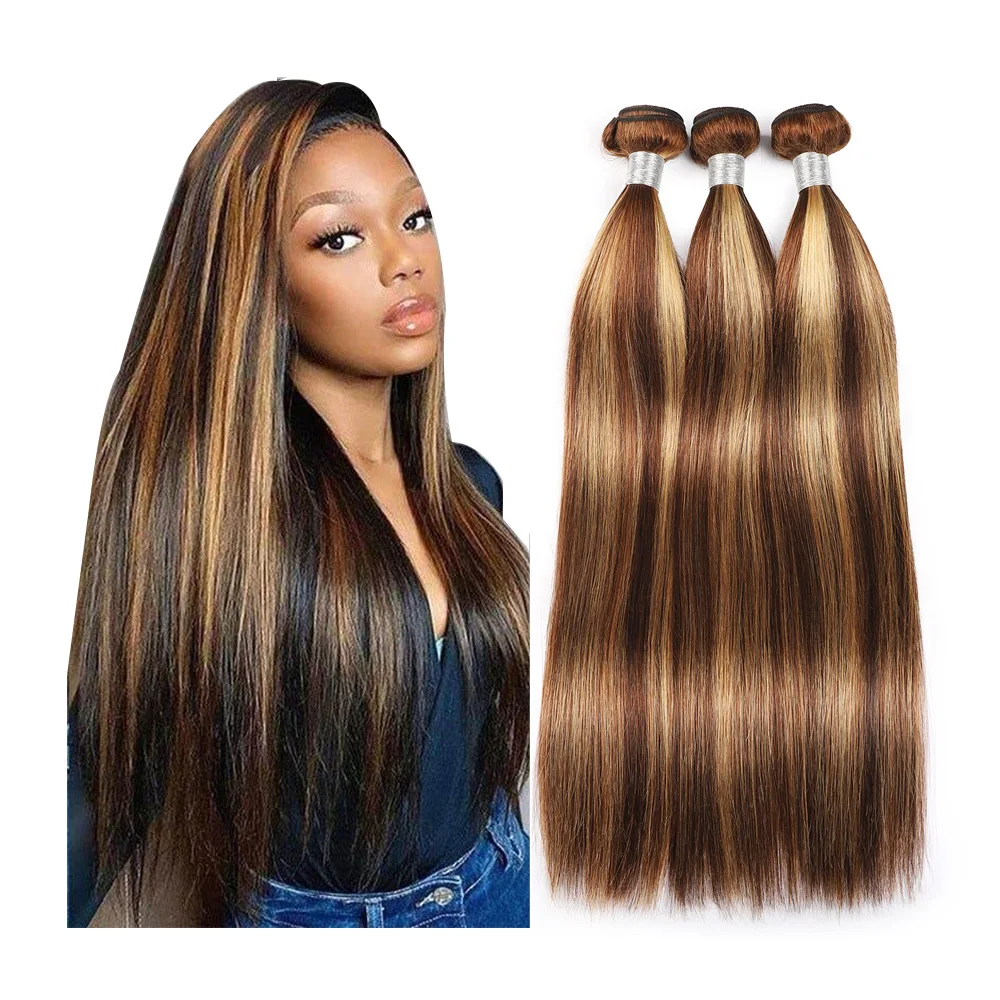 Top quality highlight bundles hair Piano #4/27 30 bundles,P4/27 straight hair weave ombre blonde highlight bundles with closure