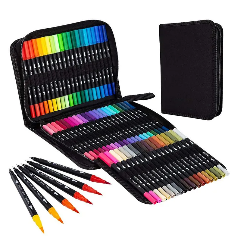 60 Colors Water Based Brush Markers, Dual Tips Drawing Brush Fineliner Color Pens for Coloring Book Bullet Art Supply Gift