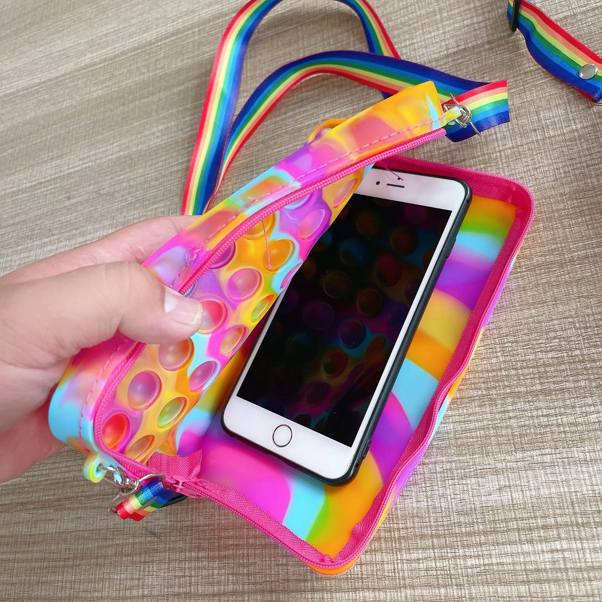 Push Bubble Pencil Bag School Kids Rainbow Silicone Tote Fidget Pencil Case Storage Bag