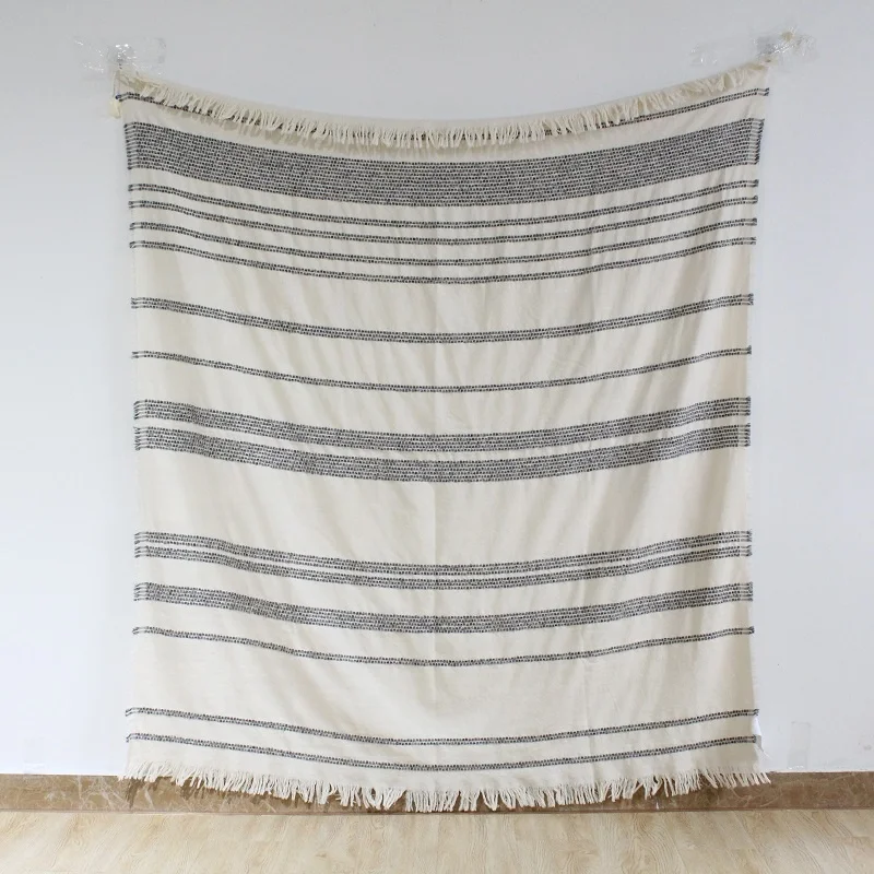 Boho cream stripped cotton throw cozy bed throws cotton camping blanket