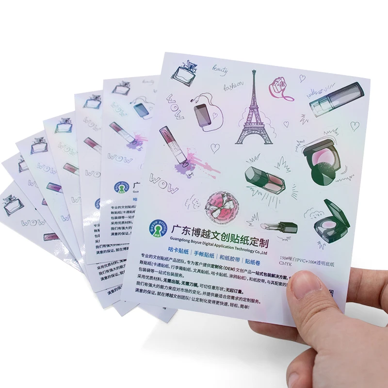 Custom Adhesive Paper A4 A5 A6 Transparent Vinyl Printing Kawaii Korean Glitter Rainbow Effect Kiss Cut Sticker Sheet