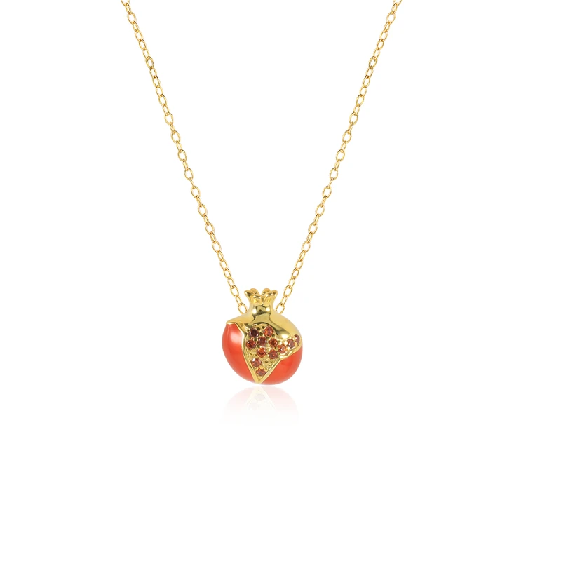 ROXI S925 silver jewelry 18k gold summer cute fruit Pomegranate enamel pendant necklace for girls