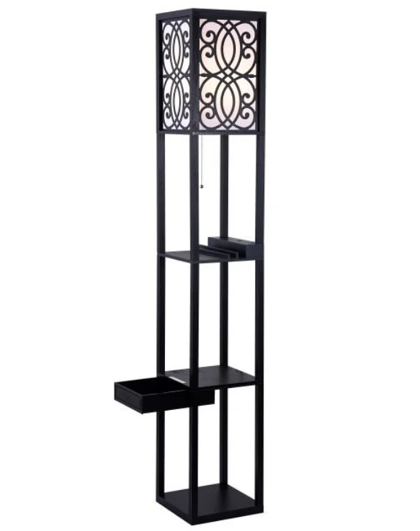Hot Selling Living Room Corner Standing Wood Shelf Wooden Floor Lamp With Shelves Usb Ports And AC Outlet And Drawer