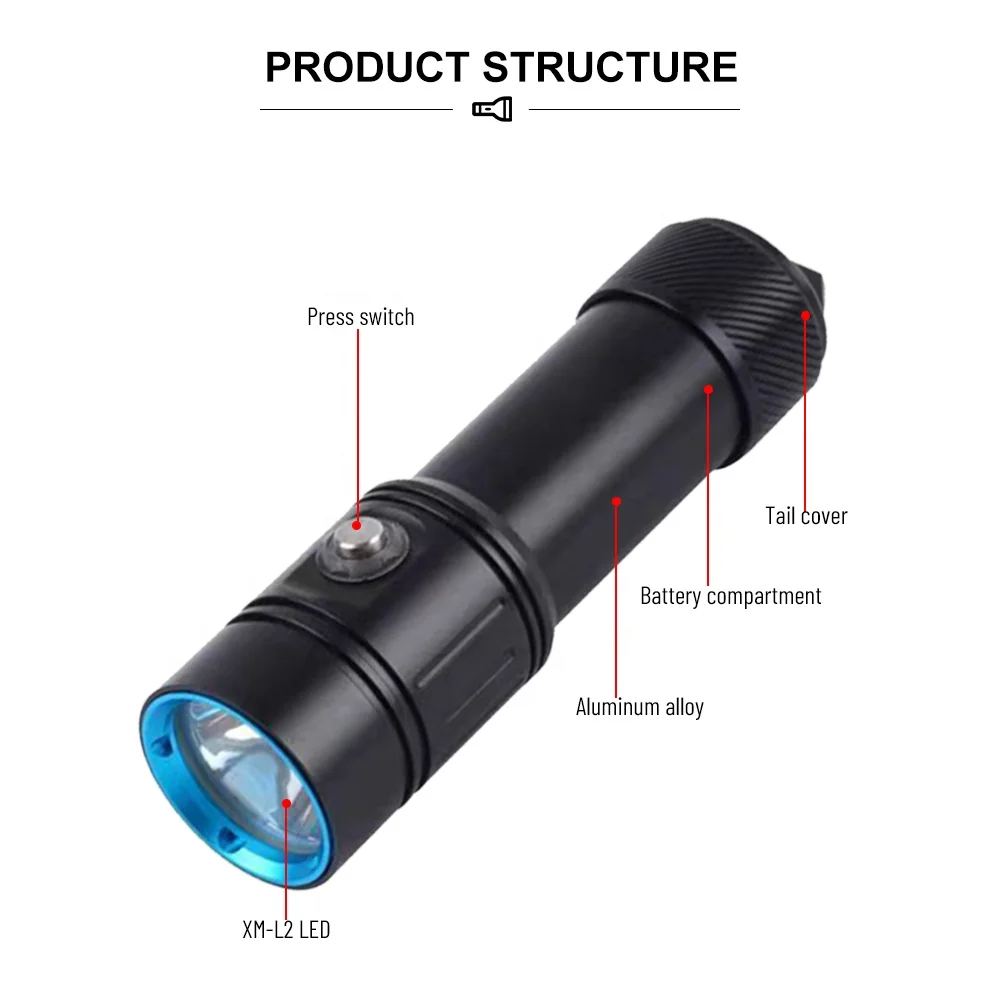 AF17D Aluminum Diving Lamp Underwater Scuba Mini Diving Torch 50m 18650 26650 Diver Flashlight Torch