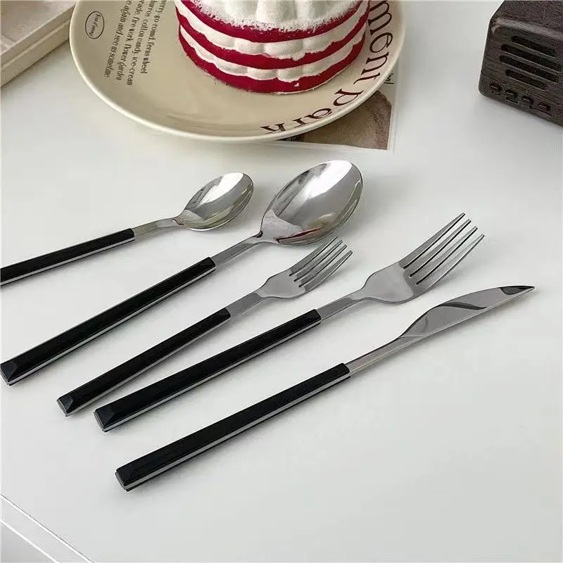 430 1810 Reusable Stainless Steel Flatware Spoons and Forks Set Cutlery Gift With Black Plastic Handle