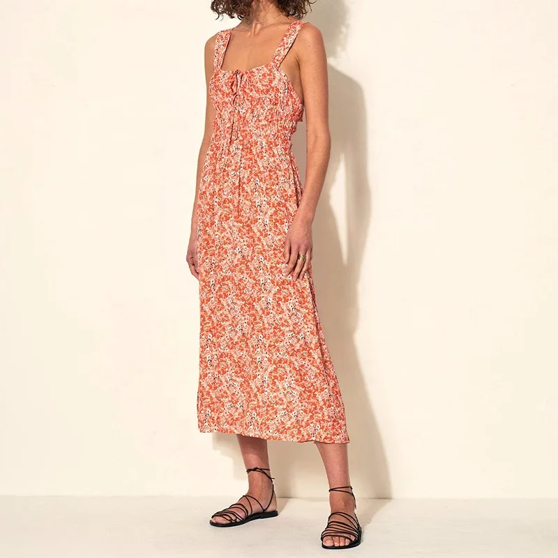 2023 Grace summer new temperament elegant v-neck suspender elastic waist beach print dress vacation wear midi linen dresses