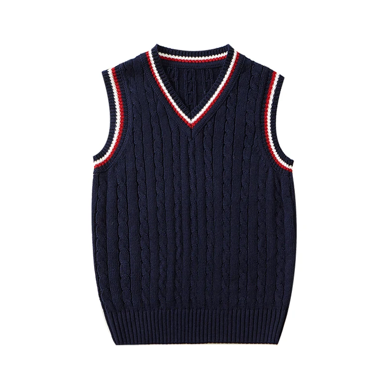 V Neck Unisex Primary School Uniform Designs Children Sleeveless Knitted Sweater Vest Digital Printing Woven Student 100% Cotton