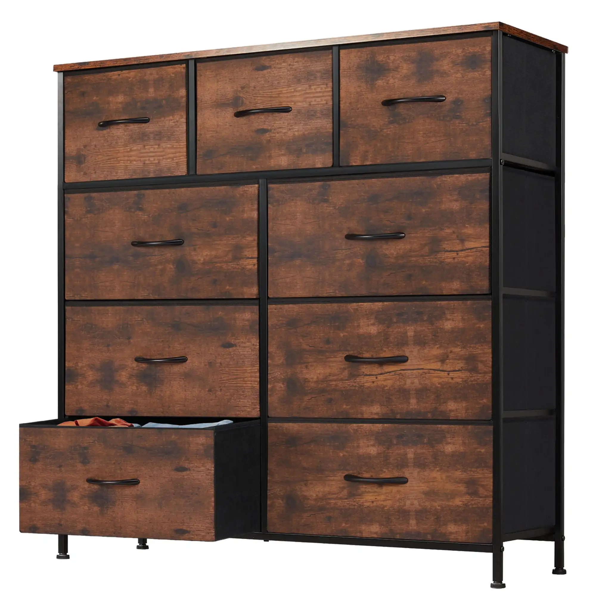 Rustic Brown Tall 4 tiers 9 drawers Organizer Units Fabric bins Tower dresser cabinet furniture for bedroom Clothing Closet