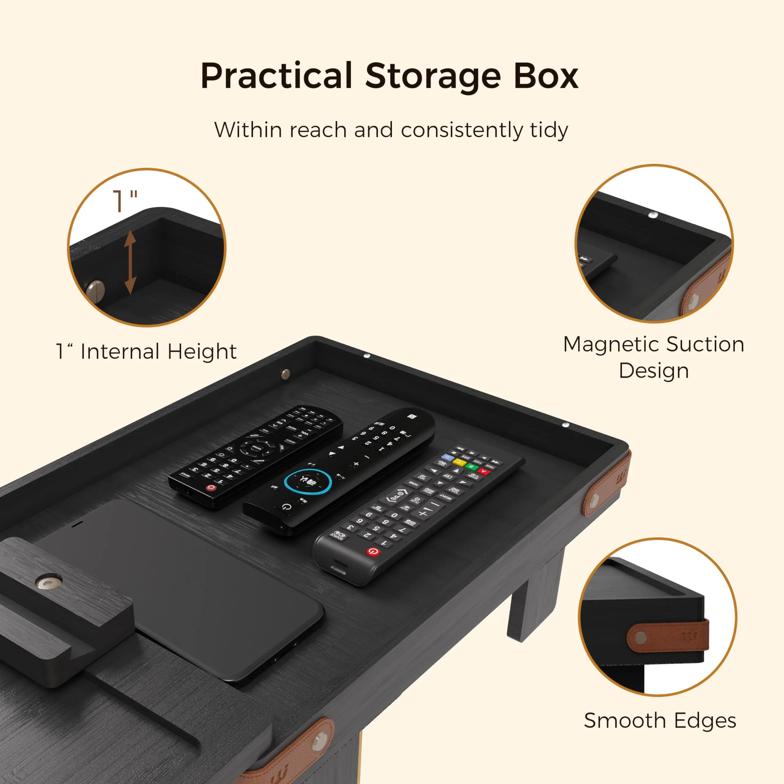 Sofa Armrest Tray with Storage Box, Bamboo Couch Arm Table with 360-deg Rotating Tabletop and Phone Stand,Adjustable Table Legs